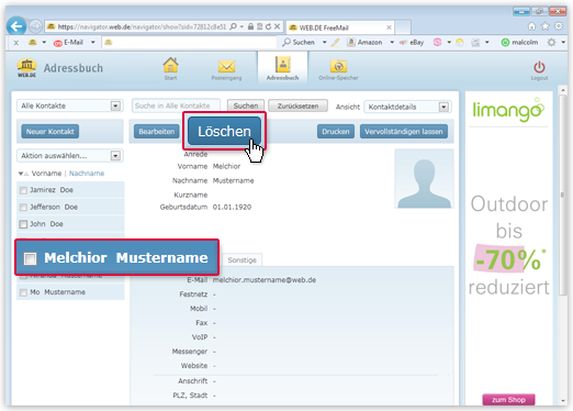 Einen Kontakt aus dem Adressbuch löschen Einen Kontakt aus dem Adressbuch löschen