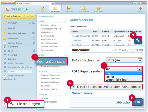 Rufen Sie E-Mails aus Ihren Ordnern per POP3 ab oder lassen Sie sich per Status-Mail darüber informieren.