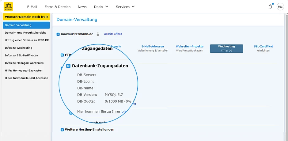 5. Schritt. MySQL Zugangsdaten festlegen