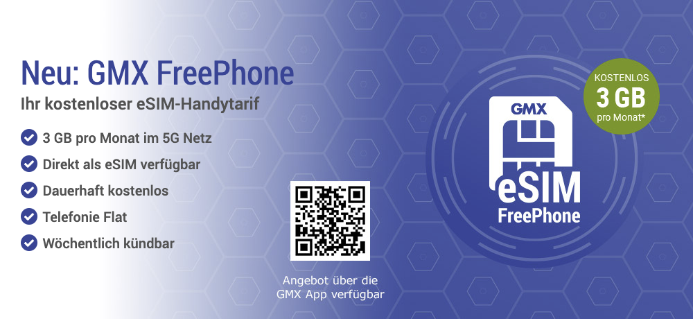 GMX FreePhone bietet kostenfreies Surfen und Telefonieren im 5G-Netz per eSIM. (c) GMX