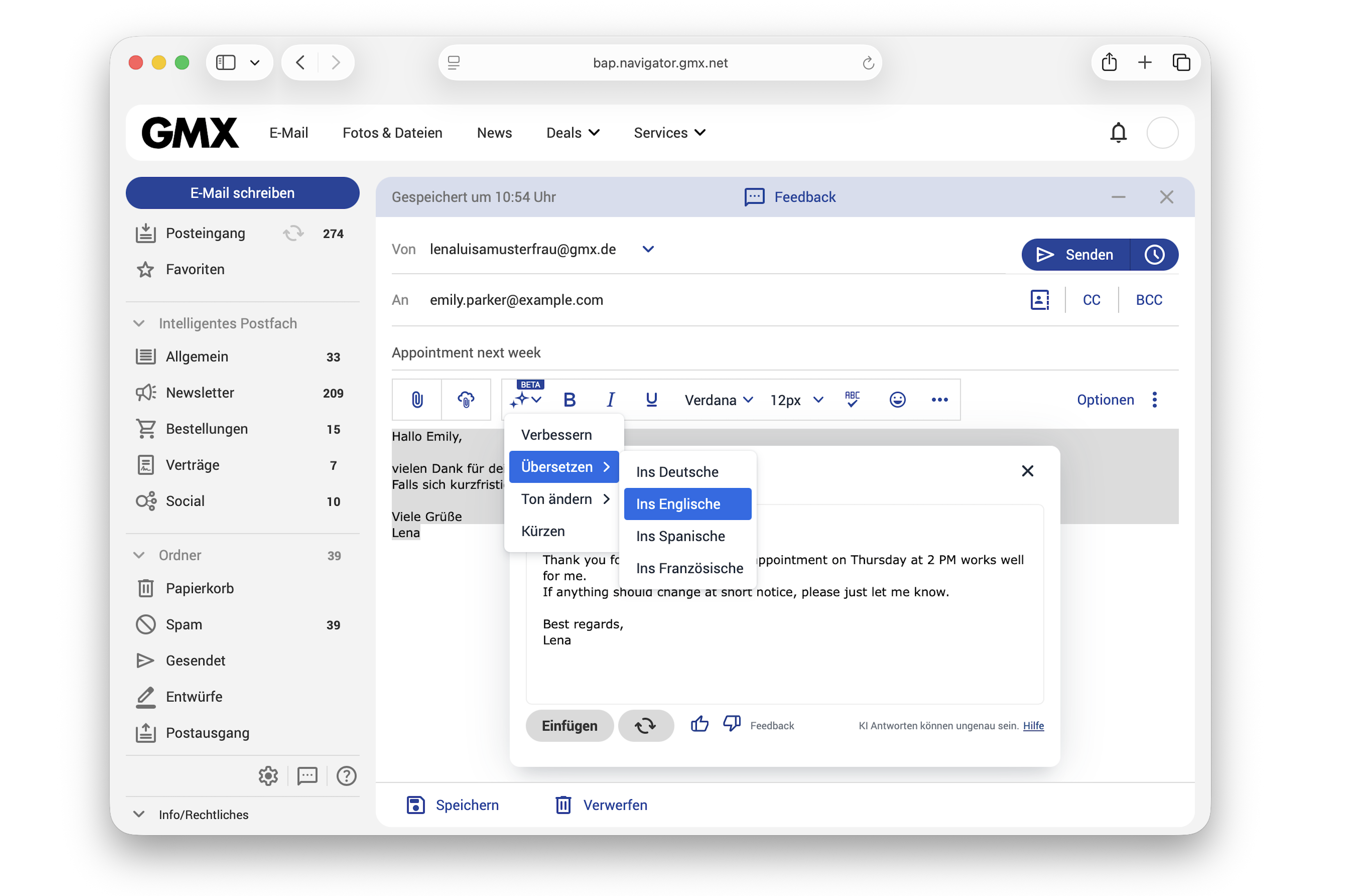 Screenshot des GMX Postfachs mit integrierter KI-Funktion: Eine E-Mail wird automatisch ins Englische übersetzt. Die KI-Optionen umfassen Übersetzen, Verbessern, Ton ändern und Kürzen direkt im Schreibfenster. Bild: GMX.