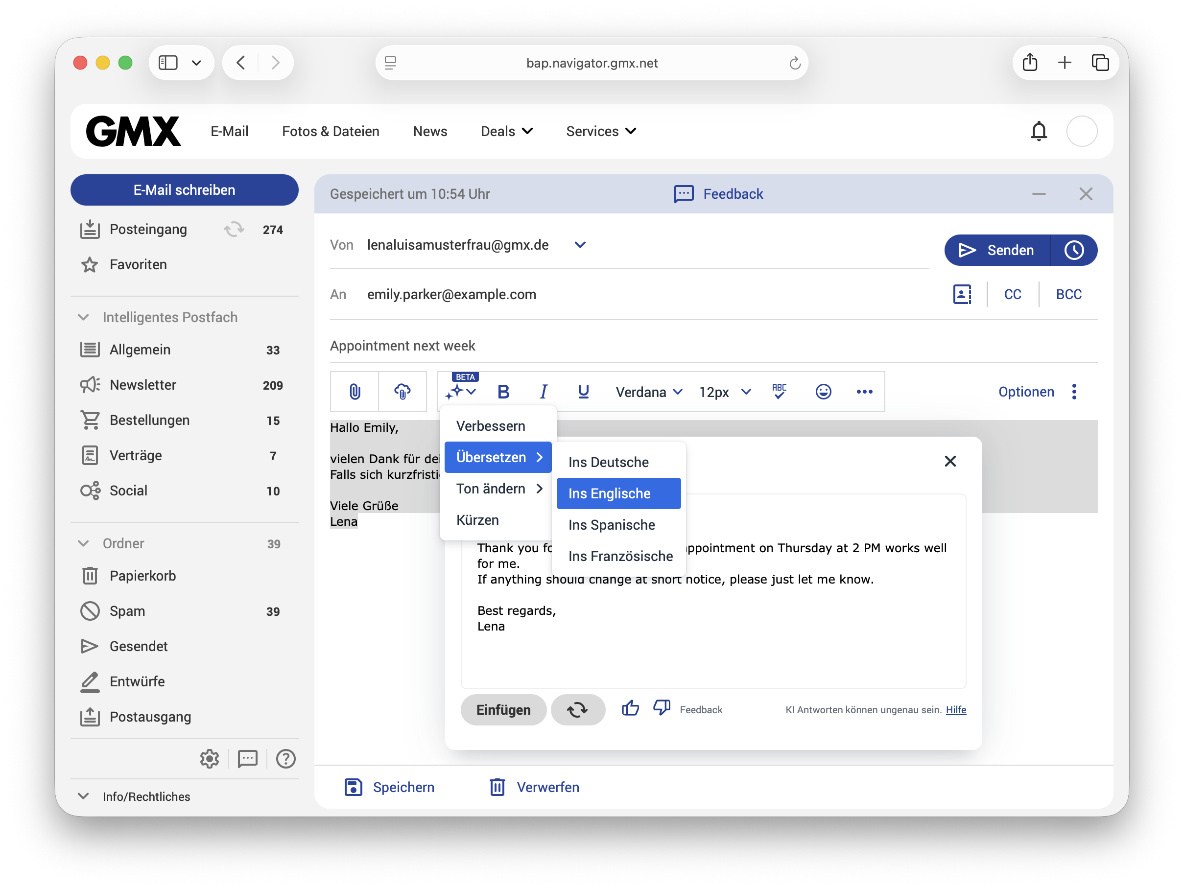 Screenshot des GMX Postfachs mit integrierter KI-Schreibfunktion: Im E-Mail-Editor wird ein Menü für Übersetzen, Verbessern, Ton ändern und Kürzen angezeigt. Eine E-Mail wird ins Englische übersetzt.