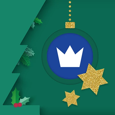 Ein dunkelblauer Briefumschlag mit einer schwarzen dreizackigen Krone in einem weißen Kreis auf der oberen Umschlagseite.