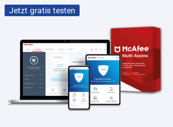McAfee Multi Access Sicherheitssoftware auf Laptop, Tablet und Smartphone mit roter Verpackung