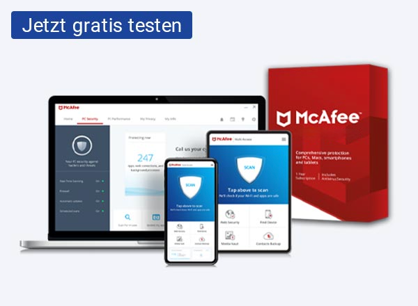 McAfee Multi Access Sicherheitssoftware auf Laptop, Tablet und Smartphone mit roter Verpackung