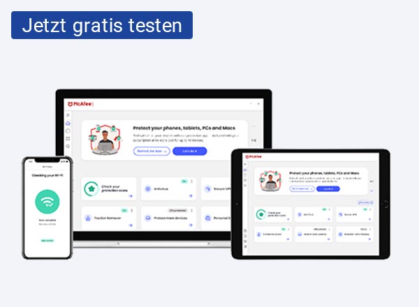 McAfee Multi Access Sicherheitssoftware auf Laptop, Tablet und Smartphone mit roter Verpackung