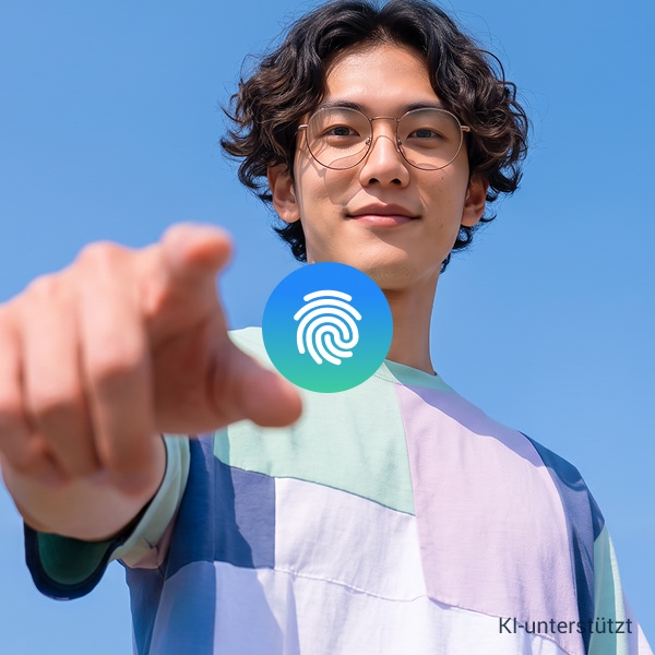 Junger Mann mit Fingerabdrück-Symbol