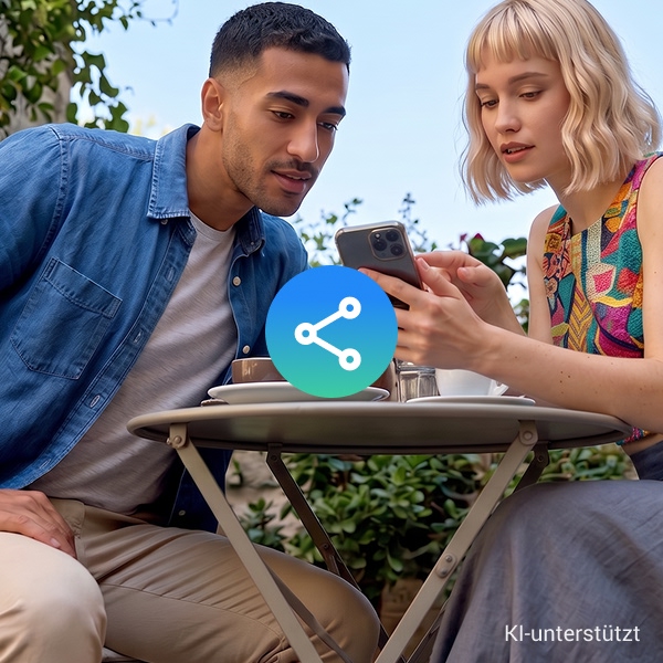 Zwei junge Menschen mit einem Teilen-Symbol