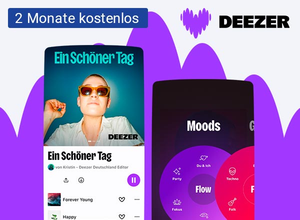 Zwei Screenshots von der Deezer App. In der rechten oberen Ecke ist das Deezer Logo zu sehen.