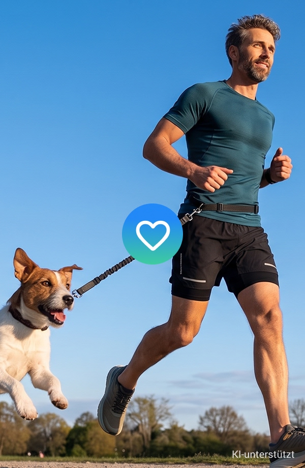 Ein Mann geht mit Hund joggen.