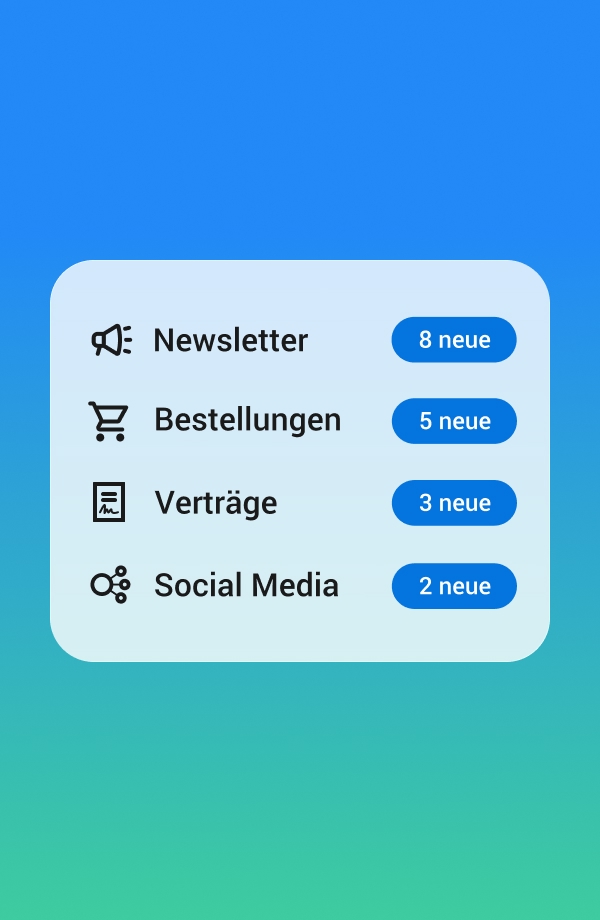 Die Kategorien, Newsletter, Bestellungen, Verträge, und Social Media