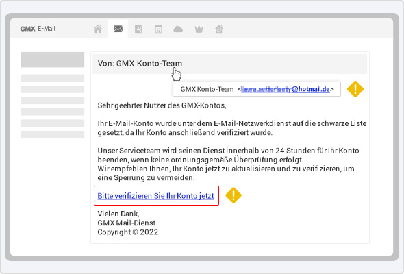Beispiel einer aktuellen Phishing-Mail, die angeblich von GMX stammt.