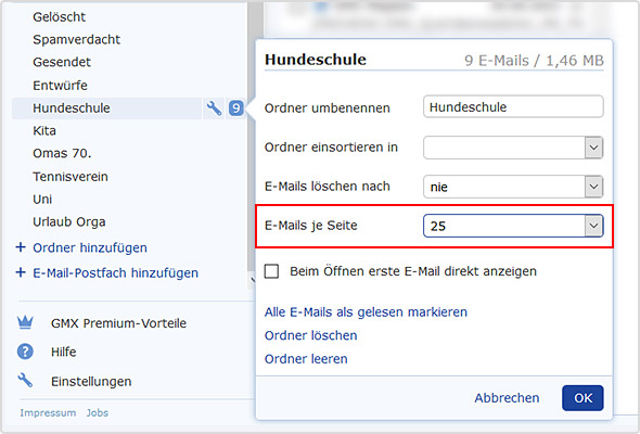 Im Feld "E-Mails je Seite" können Sie die gewünschte Anzahl der E-Mails wählen.