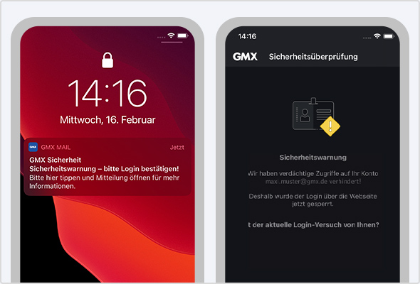 Links die neue Sicherheitsmeldung, die per Push auf Ihrem Handy-Display erscheint. Klicken Sie darauf, öffnet sich die Sicherheitsüberprüfung (rechts im Bild).