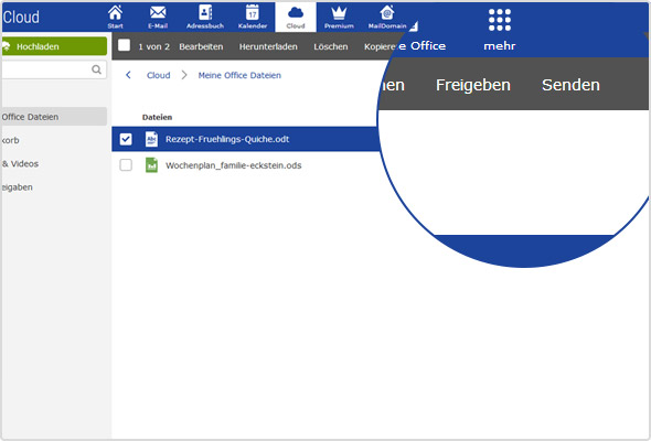 Einzelne Dateien können direkt aus der GMX Cloud heraus versendet werden.
