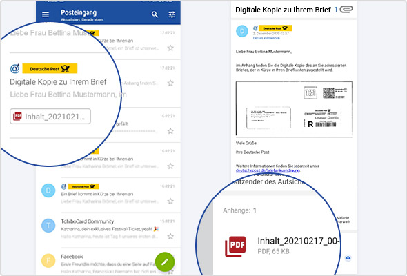 "Digitale Kopie": Links in der E-Mail-Liste, rechts die geöffnete E-Mail mit PDF-Anhang.