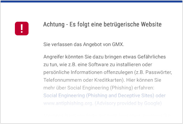Warnhinweis im GMX Postfach vor dem Besuch einer gefährlichen Webseite.