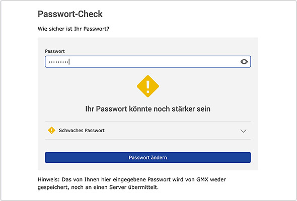 Beispiel einer Passwortauswertung mit dem GMX Passwort-Check. Hier besteht Handlungsbedarf.