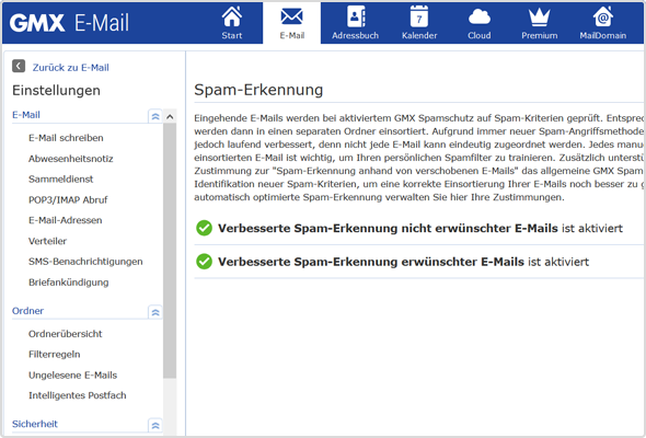 Über die Einstellungen und den Menüpunkt "Sicherheit" > "Spam-Erkennung" können Sie die verbesserte Spam-Erkennung aktivieren.