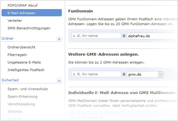 Einstellungen: Eine zweite E-Mail-Adresse und vielleicht auch ein paar Fun-Domains?