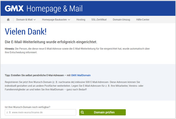 Bestätigung der eingerichteten E-Mail-Weiterleitung.