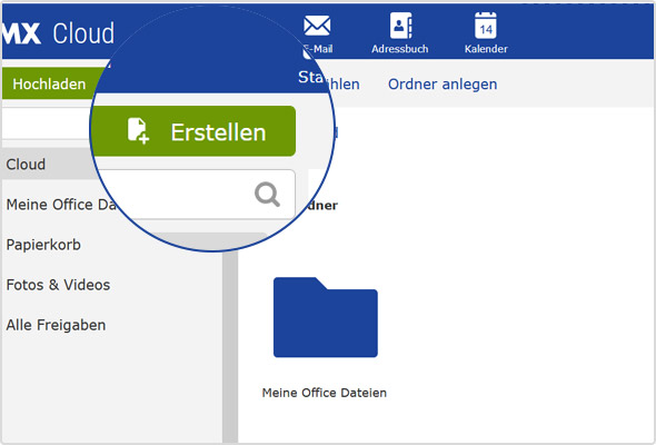 Über den "Erstellen"-Button können Sie jetzt direkt in der Cloud neue Dateien erstellen.