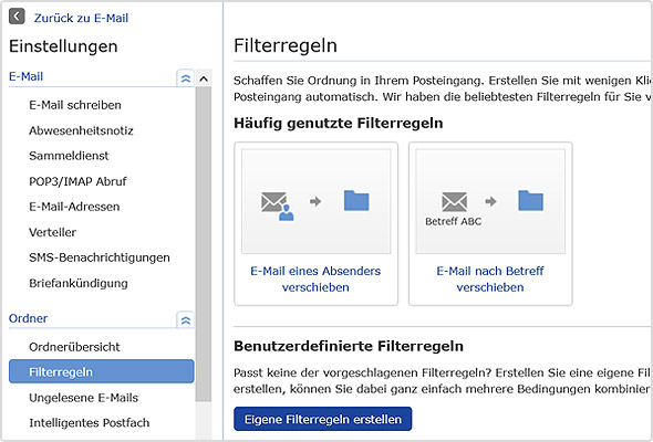Einstellungen zu den Filterregeln im GMX Postfach.