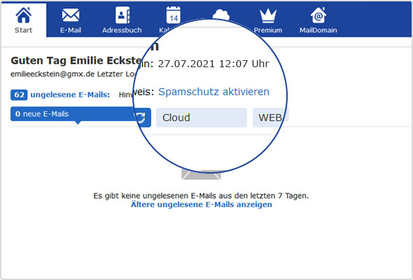 Spamschutz-Link auf der GMX Postfachstartseite.