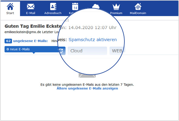 Spamschutz-Link auf der GMX Postfachstartseite