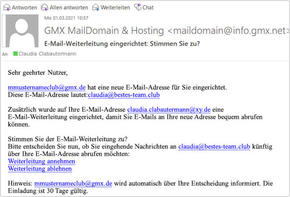 Beispiel: So sieht eine E-Mail zur Bestätigung einer Weiterleitung aus.