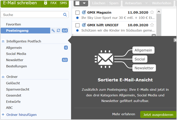 Unter dem Menüpunkt "Intelligentes Postfach" finden Sie die drei neuen E-Mail-Kategorien
