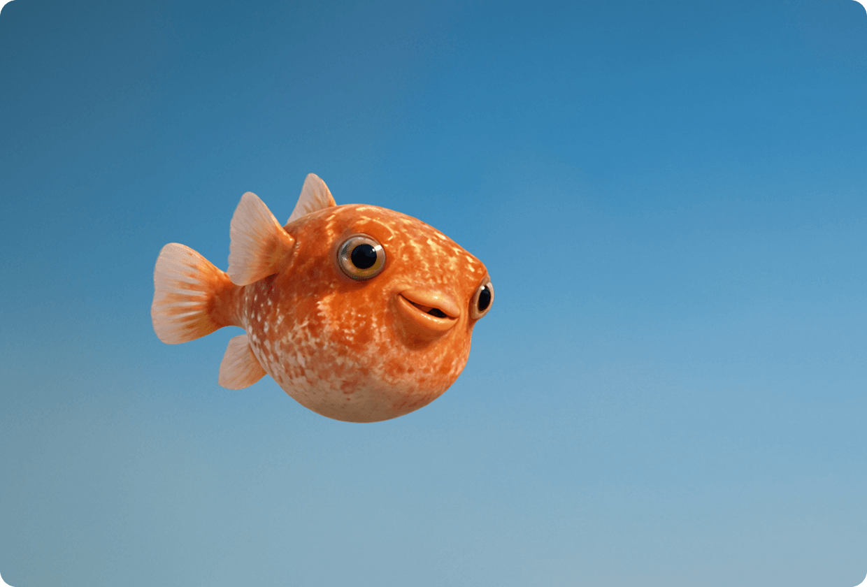 Der fliegende orangefarbene Kugelfisch aus der GMX Werbung