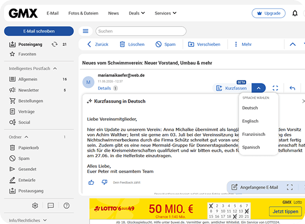 2026: KI-gestützte Assistenzfunktionen im GMX Postfach 