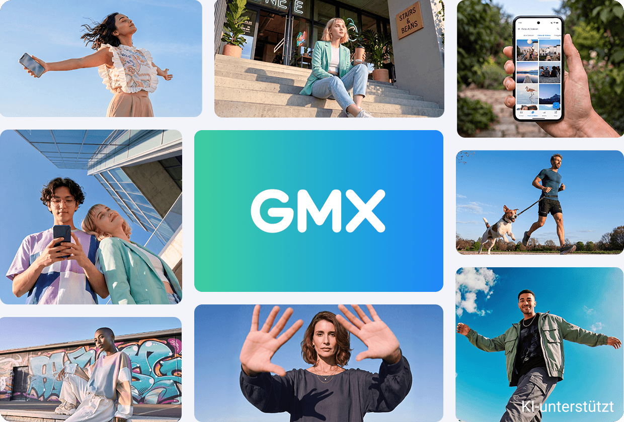 Neues Design bei GMX: Eine Collage mit dem neuen Logo, neuer Bildwelt und neuen Protagonisten