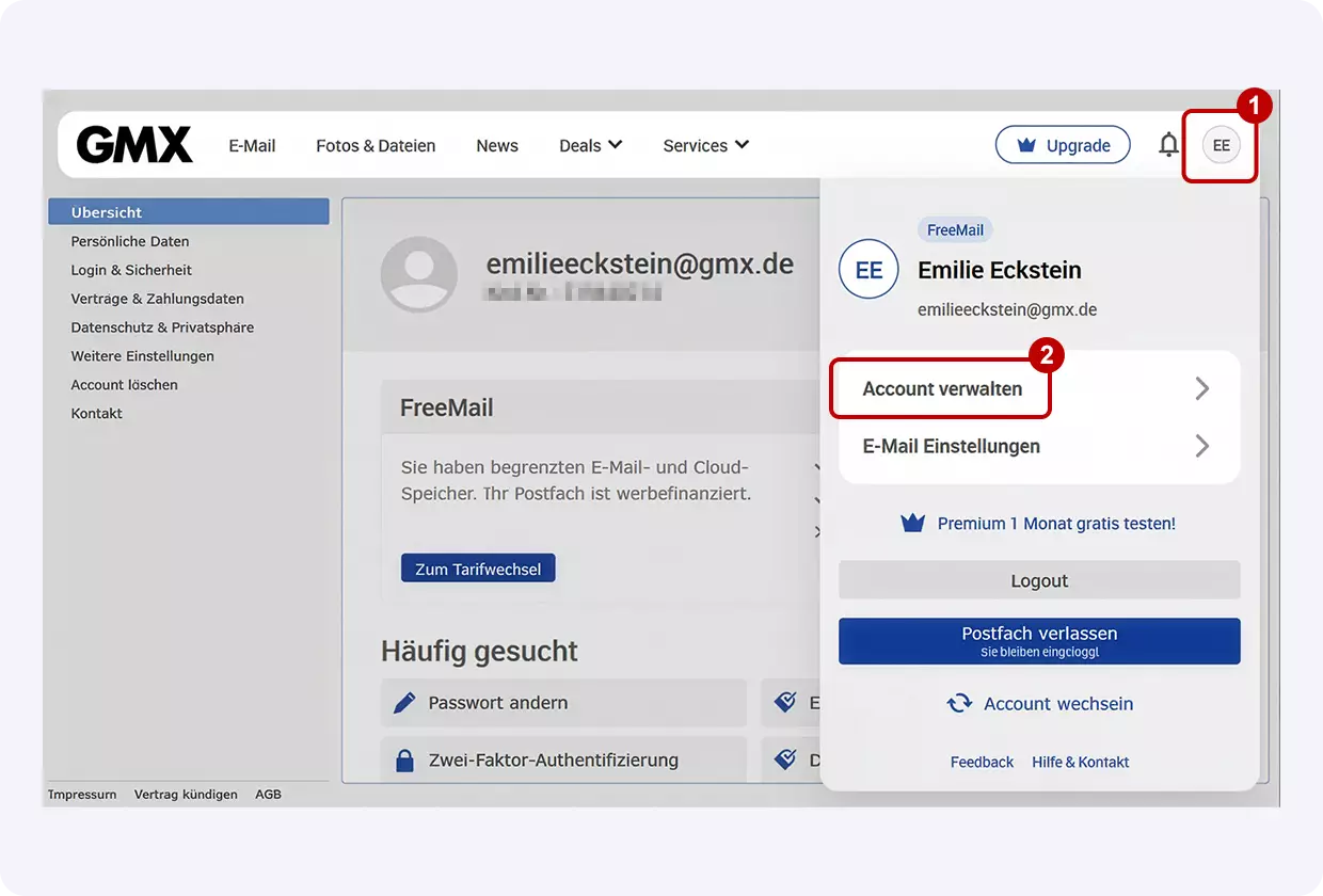 Screenshot des Bereichs, in dem Sie Ihren GMX Account verwalten. Die Einstiegspunkte zu diesem Bereich sind rot markiert
