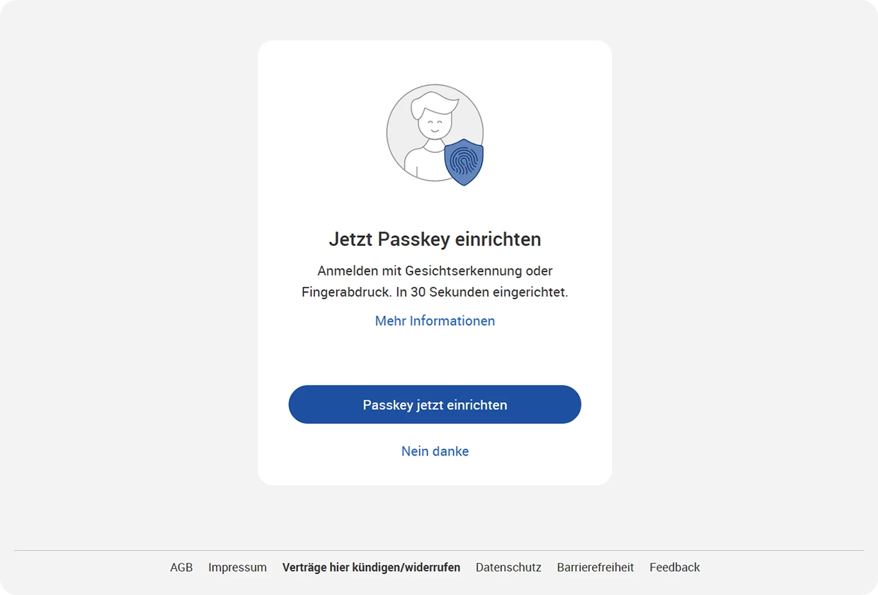 Screenshot der Aktionsfläche Passkeys einrichten bei GMX