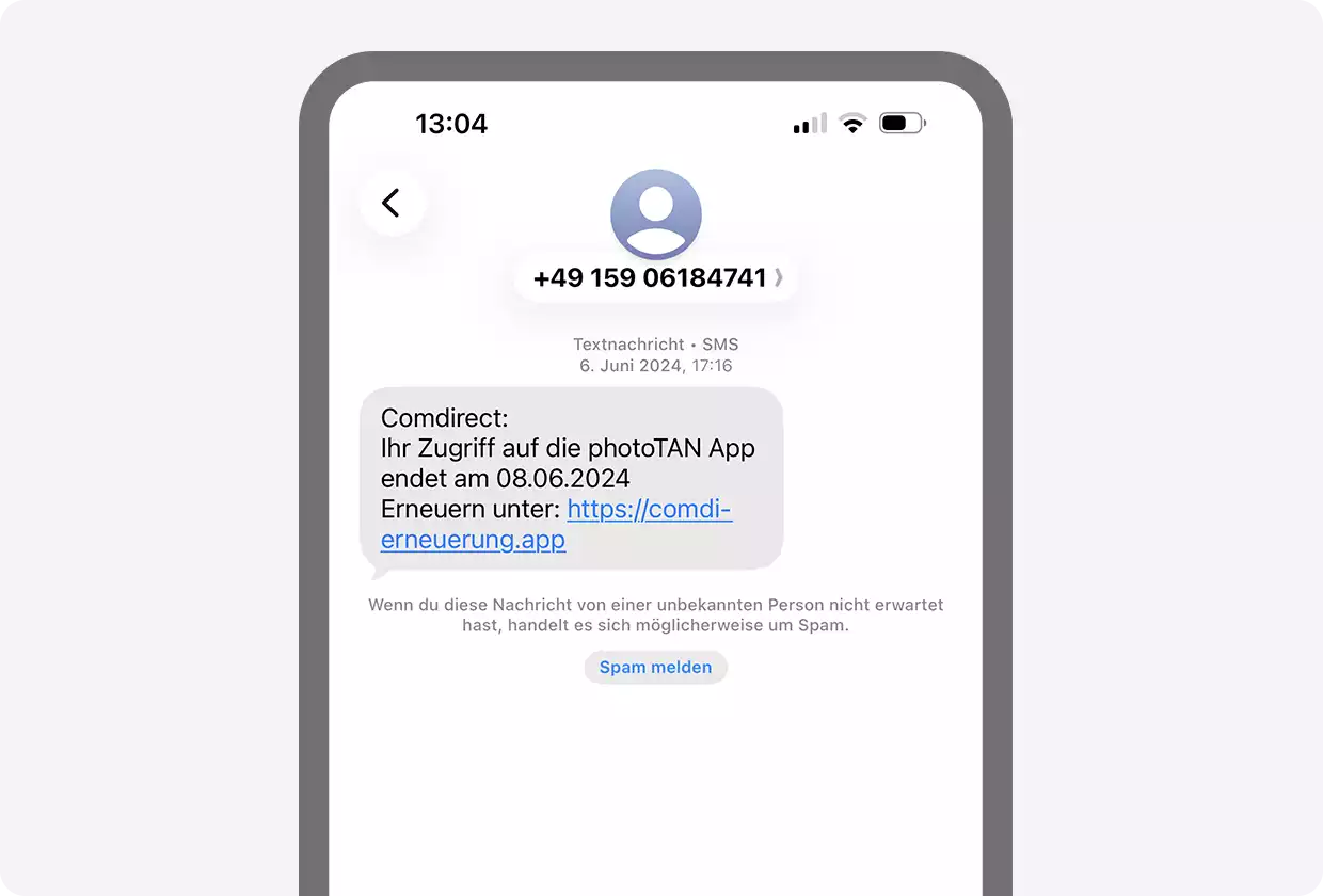 Eine SMS, angeblich von comdirect, fordert dazu auf, eine PhotoTAN zu erneuern.