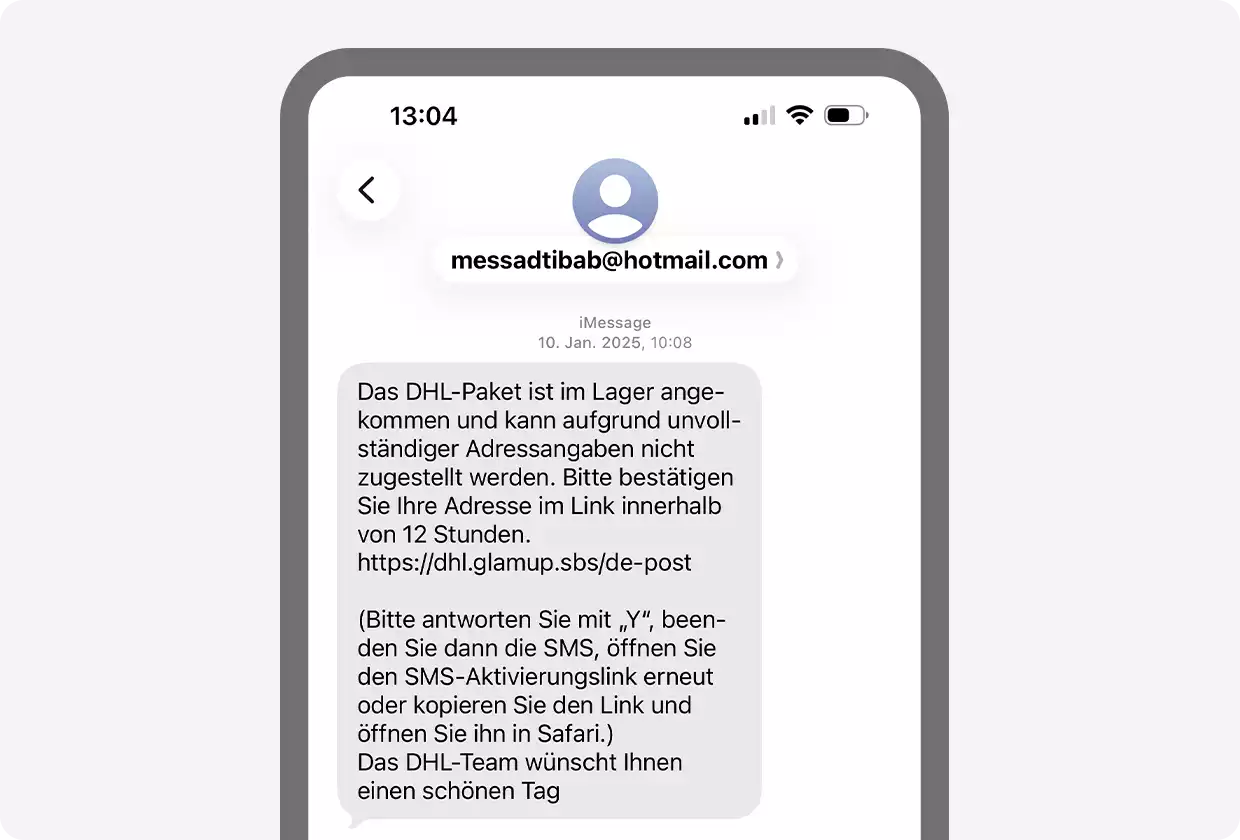 In einer angeblich von DHL gesendeten Nachricht wird dazu aufgefordert, seine Adresse über einen Link anzugeben.