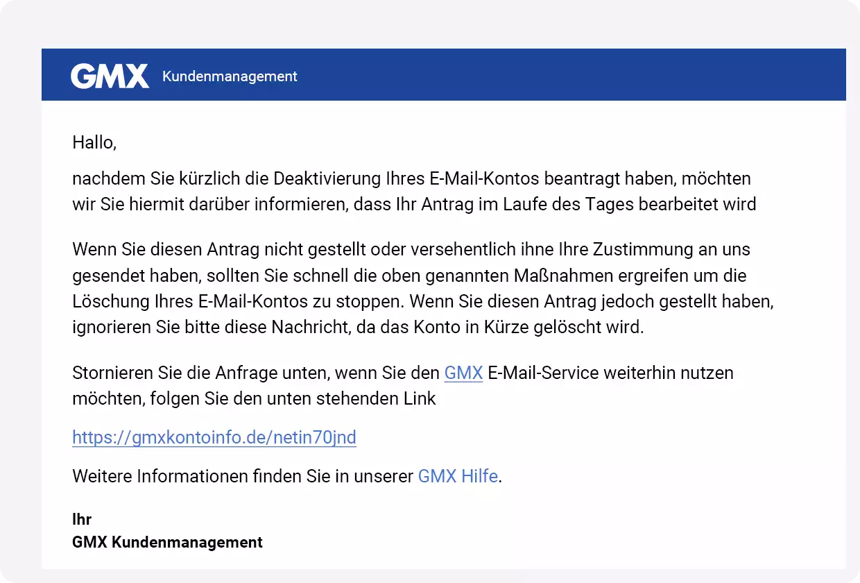 Screenshot einer abgefangen Phishing-Nachricht. Die Kriminellen warnen vor einer Deaktivierung des Kundenkontos, wenn dieses nicht über einen Link bestätigt wird.