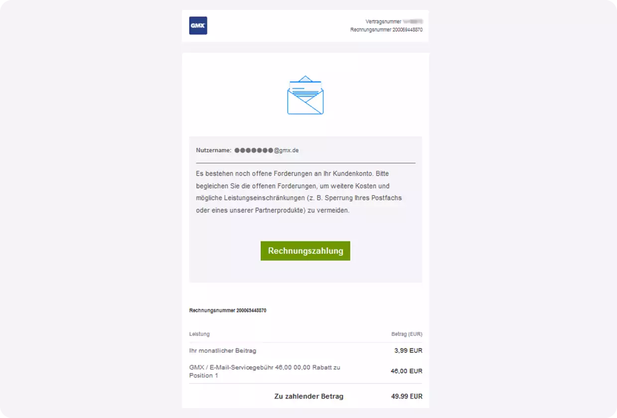 Eine angeblich von GMX ausgestellte Rechnung verlangt, dass sie über einen Link beglichen wird.
