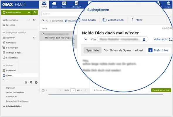 So sieht die neue Infofläche zu blockierten Absendern aus