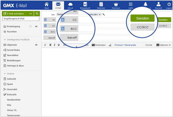 Unterhalb des "Senden"-Buttons finden Sie den CC/BCC-Button. Durch anklicken öffnen sich beide Funktionen.