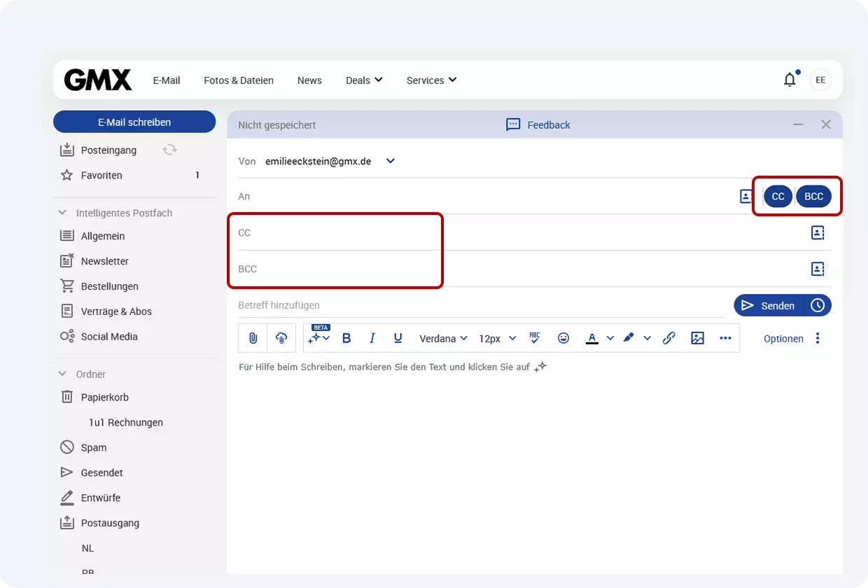 Geöffnete neue E-Mail im GMX Postfach - das CC und BBC-Feld ist markiert