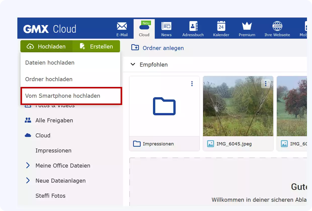 Durch Klick auf „Vom Smartphone hochladen“ generieren Sie einen Link und können darüber schnurlos Ihre Handyfotos in Ihre GMX Cloud hochladen.