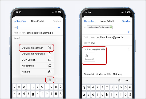 Zwei Handy-Screens iOS: links mit geöffnetem Aktionsmenü „Dokumente scannen“, rechts mit angehängtem PDF-Scan im Anhang.