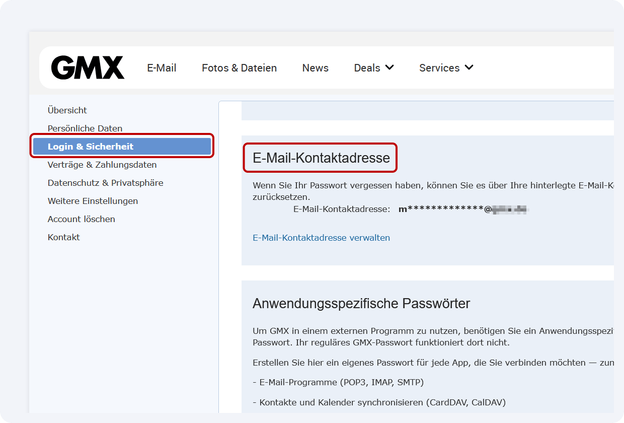 Recovery Option Nr. 2 ist die zweite E-Mail-Adresse. Diese kann ebenfalls unter "Login & Sicherheit" hinterlegt werden