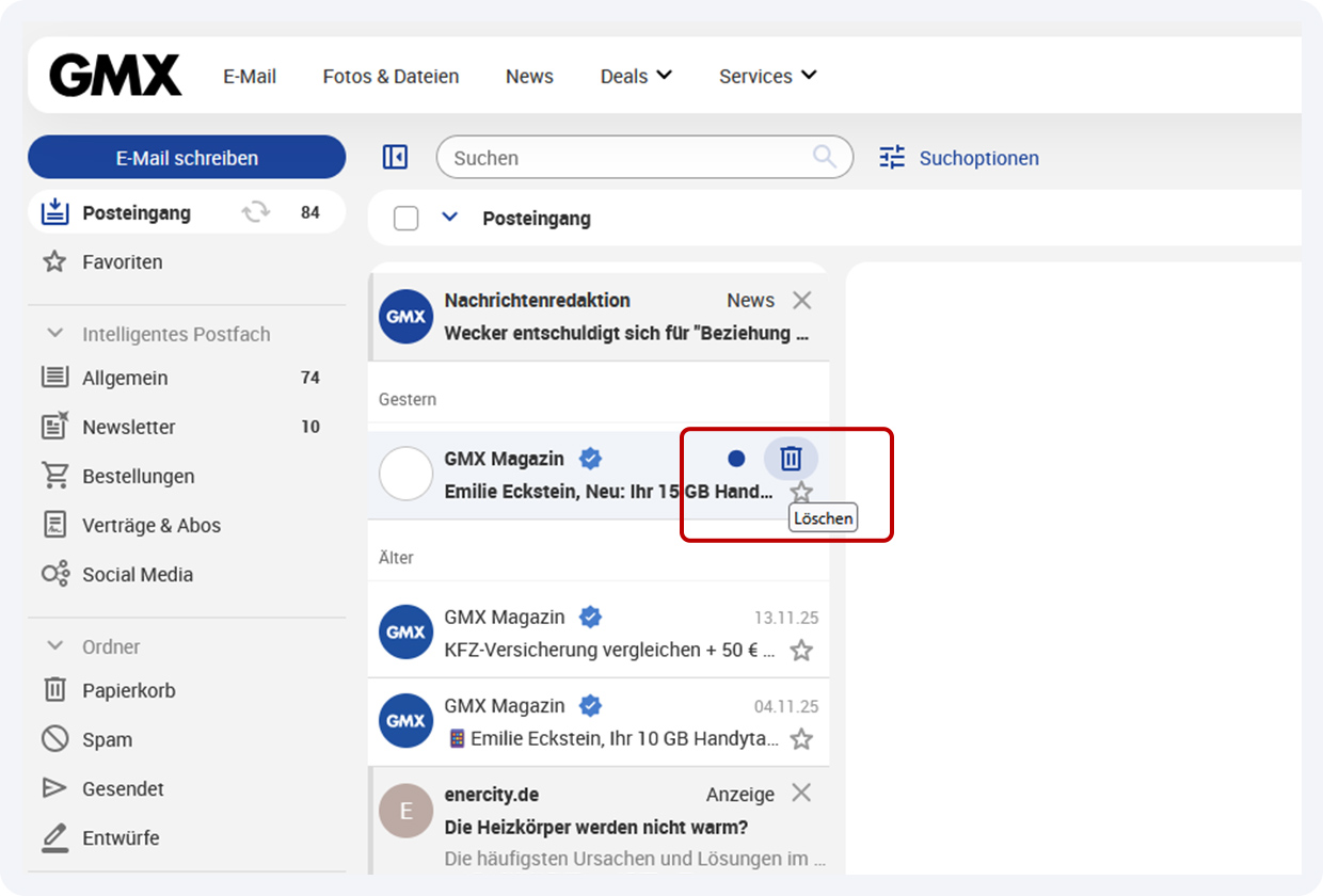 E-Mail-Liste im GMX Postfach - bei einer E-Mail ist das Papierkorb-Symbol rechts vom Betreff rot markiert