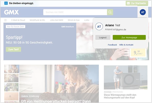 Oben links finden Sie oberhalb des GMX Logos den Hinweis: "Sie bleiben eingeloggt.“