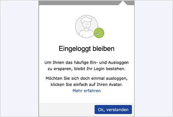 Diese Fläche im Postfach kündigt Ihnen den neuen dauerhaften Login an.