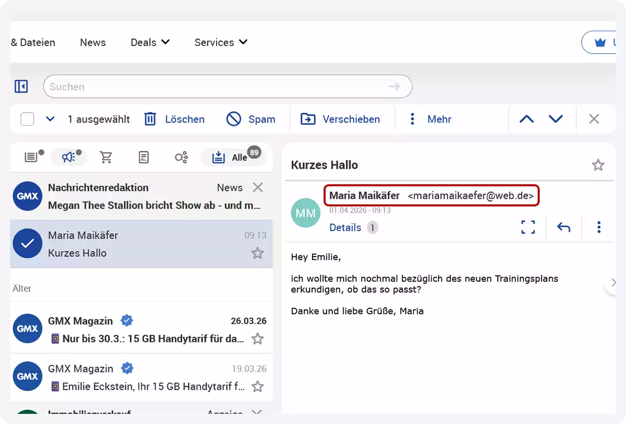 Screenshot einer Mail im GMX Postfach: Absenderrname und E-Mail-Adresse sind rot hervorgehoben.